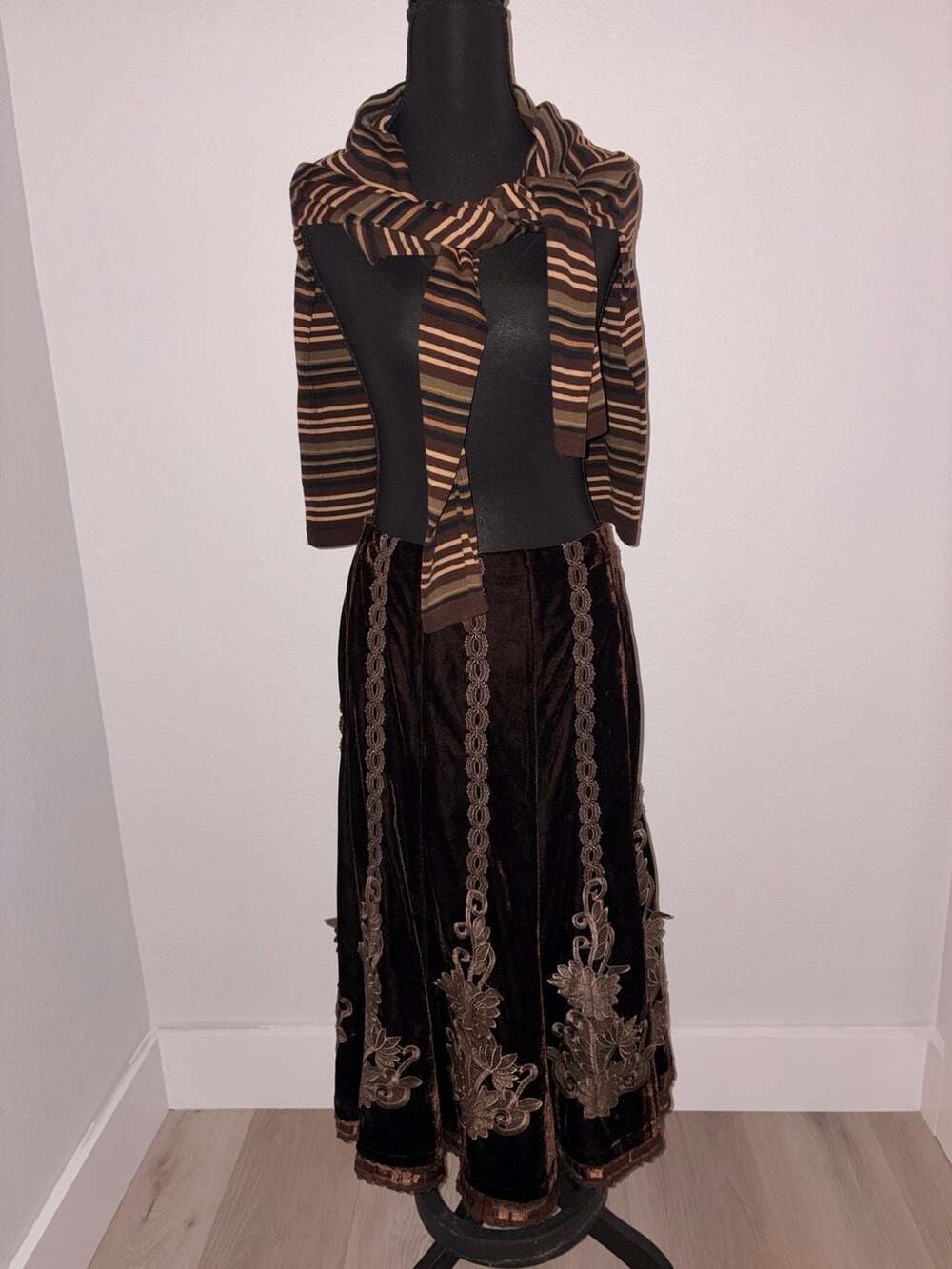 Boston Proper Brown Velvet Embroidered Maxi Skirt